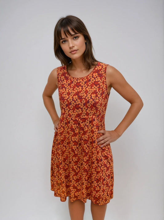LAURA-N Robe évasée sans manches – Imprimé floral rouge & orangé GDB